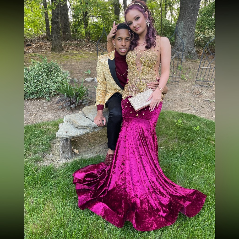 custom maroon velvet and gold dress